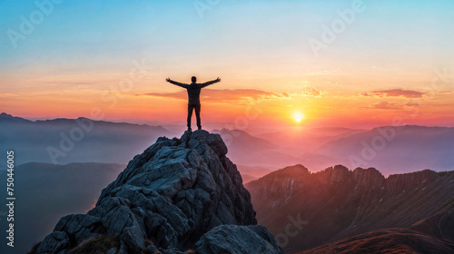 Silhouette of a man standing on the peak of a mountain looking at a beautiful sunset