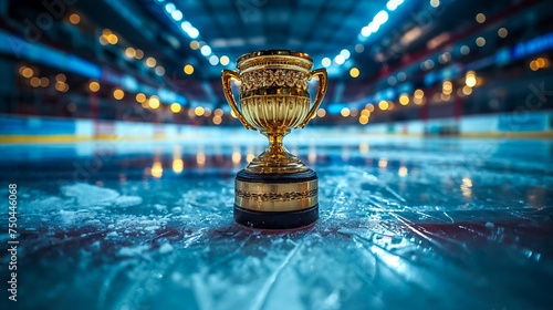 trophée en or posé sur la glace d'une patinoire pour une compétition de hockey sur glace