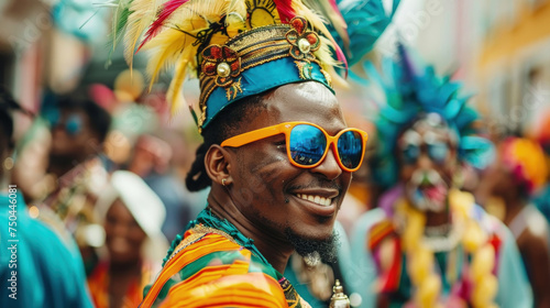 African American man wearing a vibrant, multicolored headdress and sunglasses photo