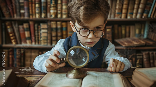 A young boy is focused while looking through a magnifying glass at a book, inspecting the details closely photo