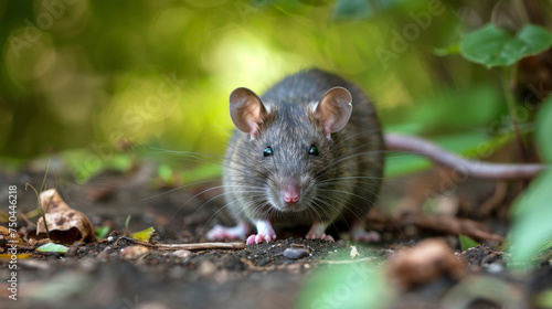 A curious brown rat on a forest path among autumn leaves on the ground. © Jan