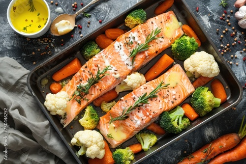 Top view of healthy baked fish salmon steaks, broccoli, cauliflower, carrot in casserole dish. 