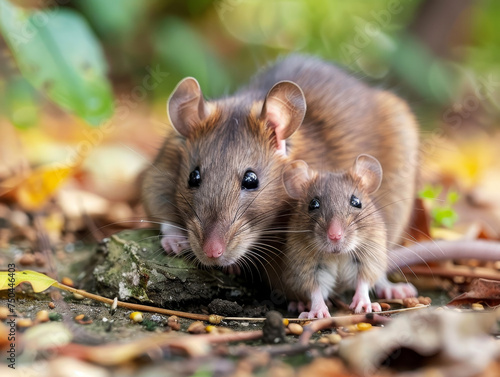 Two brown rats close together among autumn leaves.