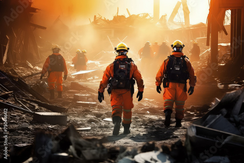 Two firefighters in full gear tread carefully amid the debris of a devastated area, with the setting sun casting a warm glow