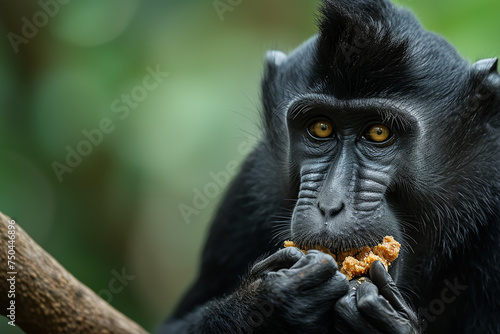 Crested black macaque eating Sulawesi crested macaque, World Wildlife Day