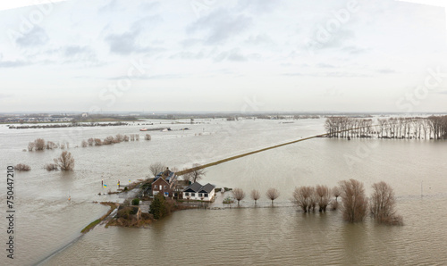 Netherlands, Aerial view of river Waal flooding surrounding land after prolonged rainfall photo