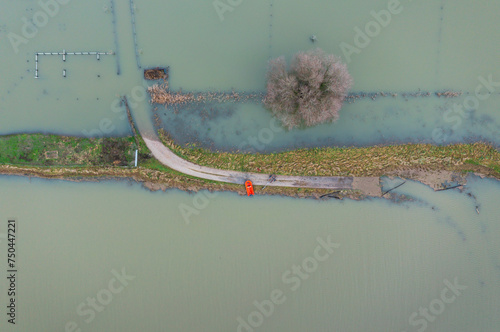 Netherlands, Aerial view of river Waal flooding surrounding land after prolonged rainfall