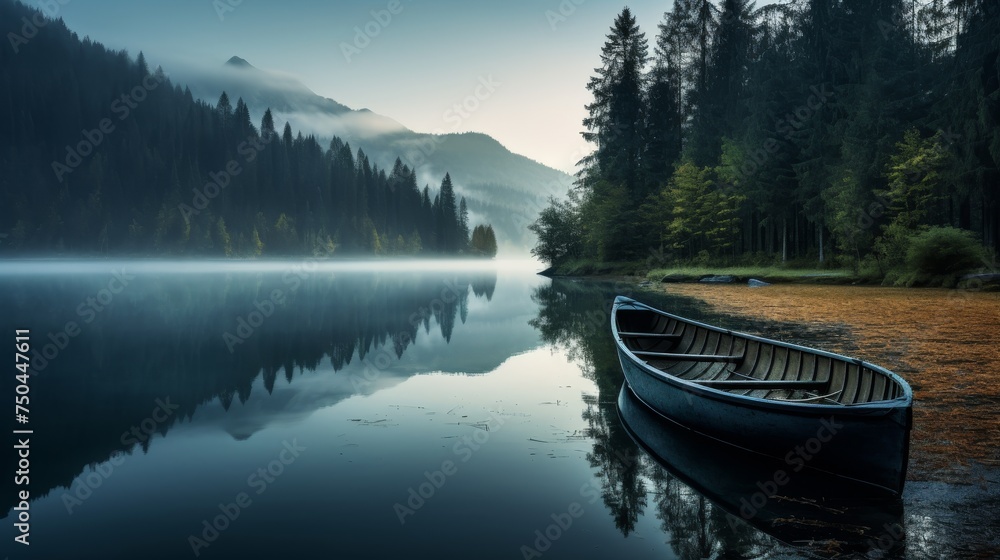 A lone canoe floats on a tranquil.