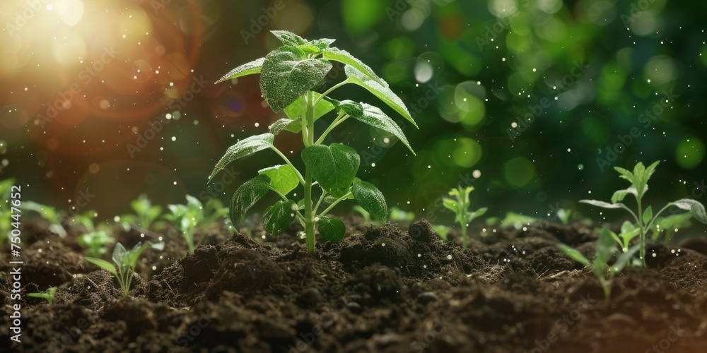Young plants sprouting in rich soil bathed in sunlight, perfect for Earth Day or Arbor Day campaigns or growth-related motivational posters. - obrazy, fototapety, plakaty 