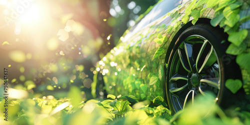 A green electric car is engulfed in vibrant green leaves, depicting eco-friendly transportation, suitable for marketing clean mobility and advocating for green transport solutions.