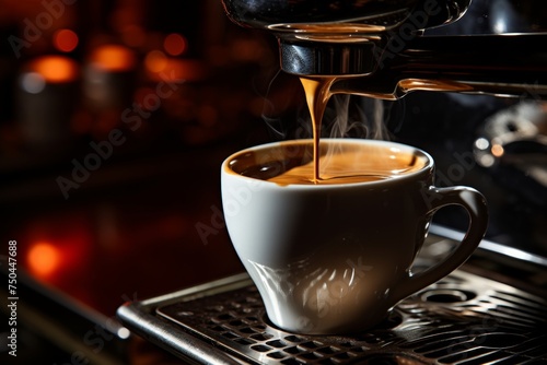 Pouring freshly brewed coffee into espresso machine warm beverage preparation, morning vibe 