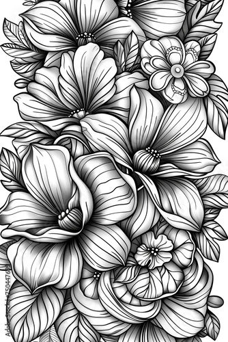 Coloring book flowers doodle style black outline. line art floral black and white background
