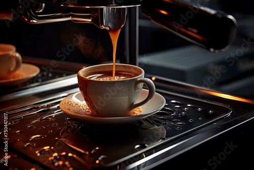 Pouring freshly brewed coffee into espresso machine for caffeine boost and warm beverage preparation photo