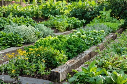 A vegetable garden with ripe vegetables and herbs on the beds.