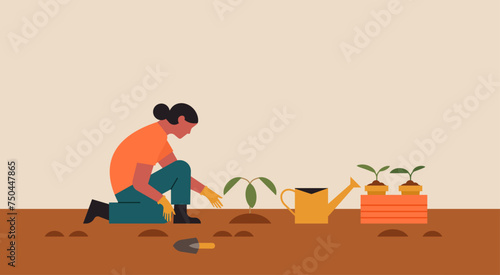 Obraz na płótnie Woman Plant Tree, Sustainable Agriculture for Earth-Friendly Concept, Vector Fla