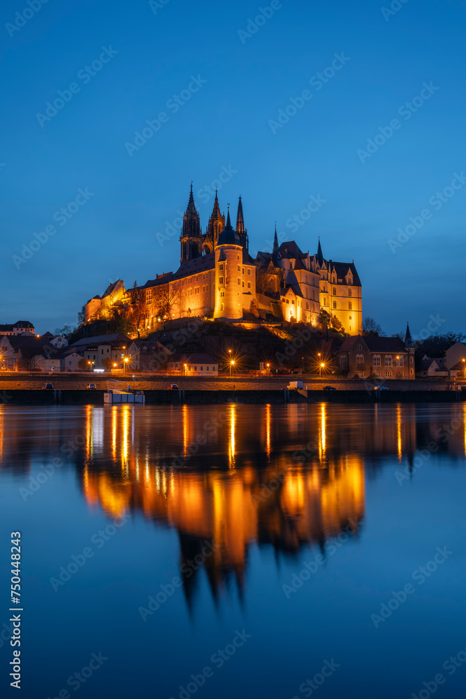Germany, Saxony, Meissen,Albrechtsburgcastle andMeissen Cathedral reflecting in Elbe river at dusk Germany, Saxony, Meissen,Albrechtsburgcastle andMeissen Cathedral reflecting in Elbe river at dusk