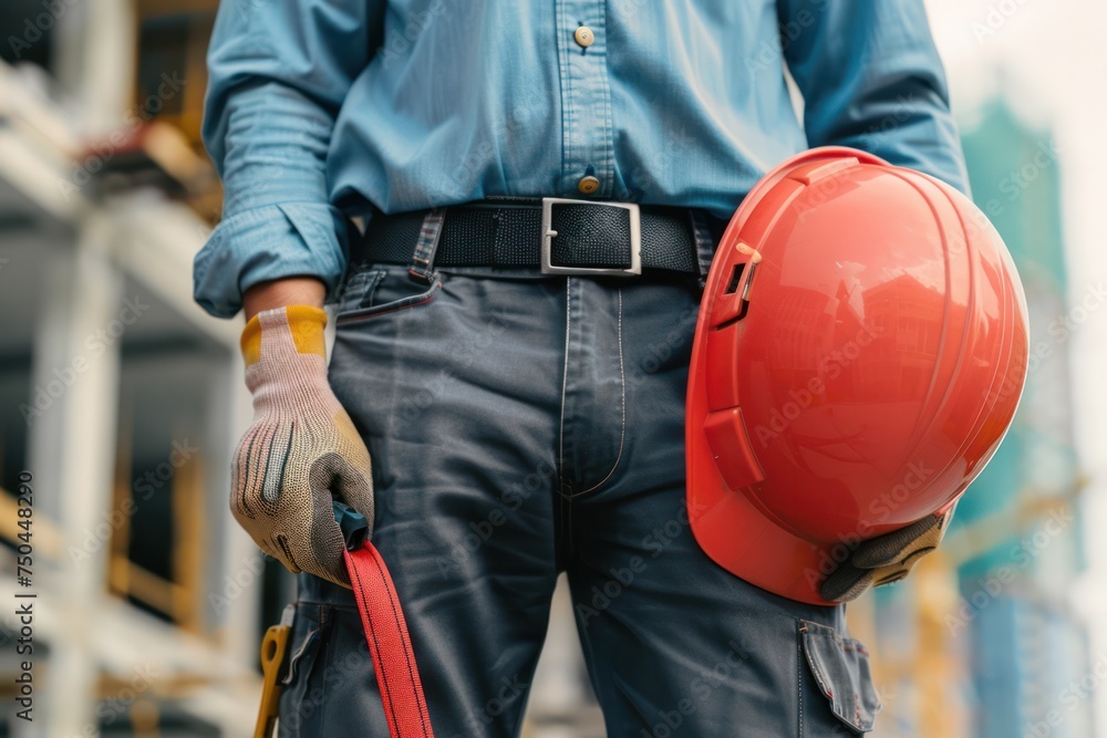 Construction worker. Cropped photo of male professional builder in working uniform with construction tools holding a safety red helmet while standing outdoor of construction site Construction worker. Cropped photo of male professional builder in working uniform with construction tools holding a safety red helmet while standing outdoor of construction site