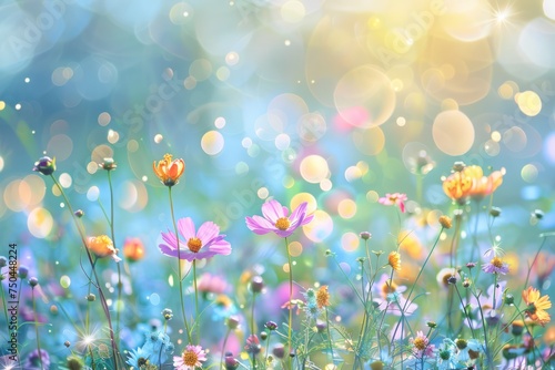 Colorful flower meadow with sunbeams and blue sky and bokeh lights in summer - nature background banner with copy space - summer greeting card wildflowers spring concept