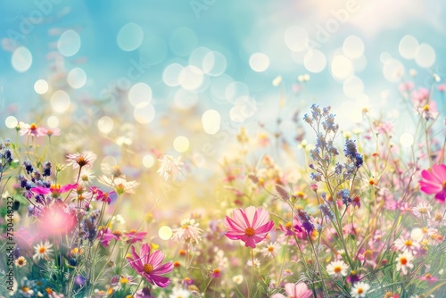 Colorful flower meadow with sunbeams and blue sky and bokeh lights in summer - nature background banner with copy space - summer greeting card wildflowers spring concept