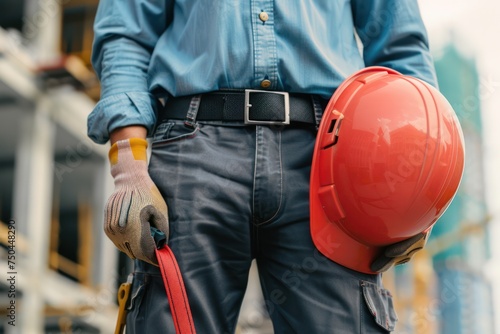 Construction worker. Cropped photo of male professional builder in working uniform with construction tools holding a safety red helmet while standing outdoor of construction site