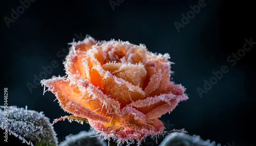 A peach Fuzz rose covered in frost against a dark background.