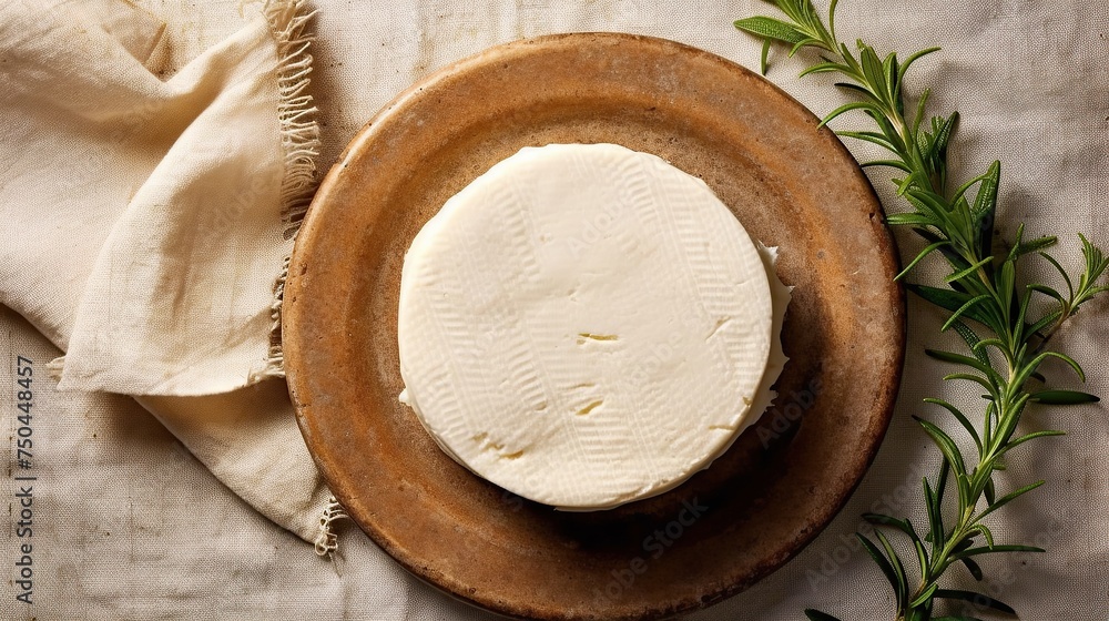 Artisanal Cheese and Fresh Herbs on Wooden Plate Artisanal Cheese and Fresh Herbs on Wooden Plate