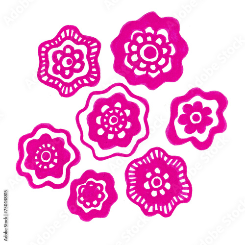 Set of decorative pink flowers isolated on white background. Fuchsia color. All flowers are different. They consist of circles  lines and wavy lines. Stylization.