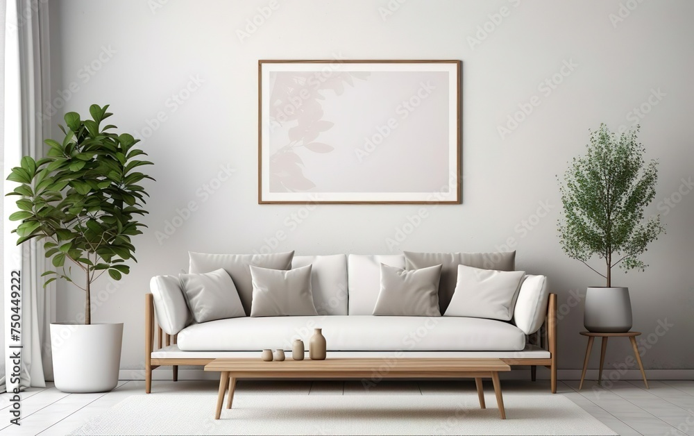Minimalistic interior design. Stylish living room interior style with mock up frame above single sofa. Wood, plants, natural off white colors. AI Generative. Minimalistic interior design. Stylish living room interior style with mock up frame above single sofa. Wood, plants, natural off white colors. AI Generative.