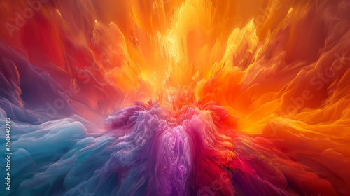 A vibrant explosion of colors resembling a combination of fire, liquid, and smoke dynamically flowing from the center