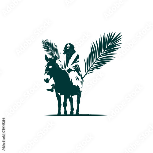 Palm Sunday,silhouette An Old Robed Jesus Seated On A Donkey with Palm leaves