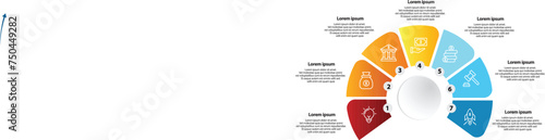 Collection of vector circle chart infographic templates for presentations, advertising, layouts, annual reports. 7 options, steps, parts