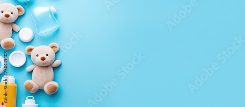 Adorable Teddy Bear Plush Toy Adorns Vibrant Blue Background with Space for Text