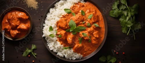 Savory Chicken Curry Together with Flavorful Rice in an Exquisite Culinary Display