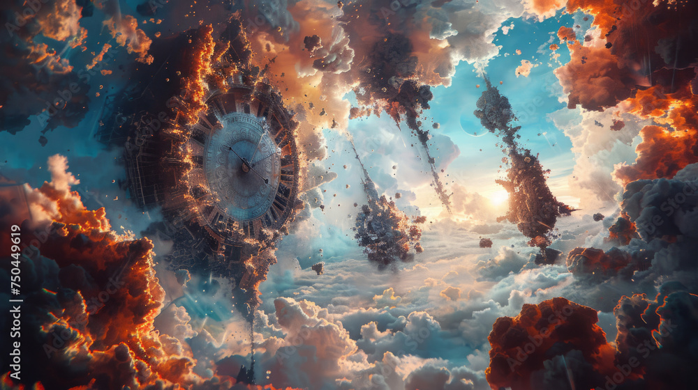 A fantasy landscape with a surreal clock floating amidst clouds under a dramatic sky, illuminated by a warm sunset, creating a scene of timelessness and dream-like atmosphere. - obrazy, fototapety, plakaty 
