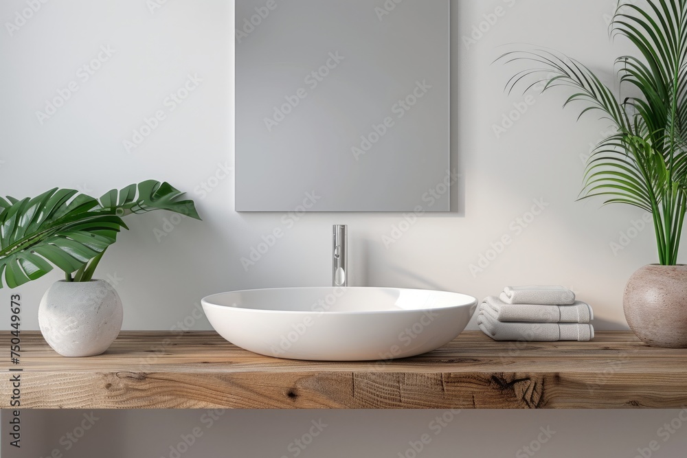 Chic bathroom with natural wood accents and lush greenery Chic bathroom with natural wood accents and lush greenery