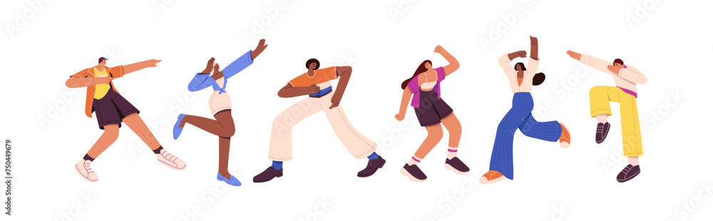Different people dance set. Modern dancers perform freestyle hip hop at party. Happy performers move by disco music. Young men and women have fun. Flat isolated vector illustration no white background