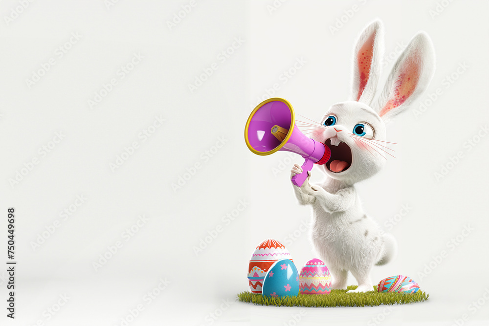 Fototapeta premium Osterhase mit bunten Ostereier und Megafon als Cartoons