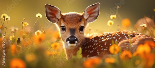 Innocent Roe Deer Fawn Resting Among Wildflowers in Normandy Forest Clearing
