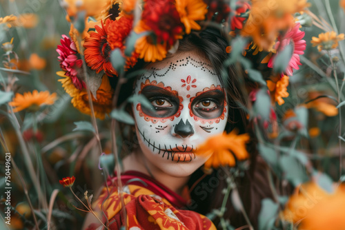 A woman with a flower headdress and a skeleton face paint