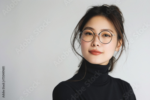 Beautiful studio portrait of young, stylish, beautiful asian woman, long hair, with modern design eye glasses looking at camera with confidence on white background