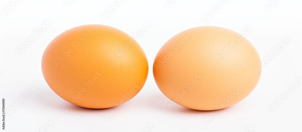 Two Untouched Chicken Eggs Displayed on a Clean White Surface Two Untouched Chicken Eggs Displayed on a Clean White Surface