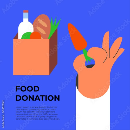 Bringing groceries to food bank. Volunteer bring a donation box. Awareness and charity concept. Flat vector illustration.