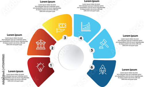Collection of vector circle chart infographic templates for presentations, advertising, layouts, annual reports. 6 options, steps, parts