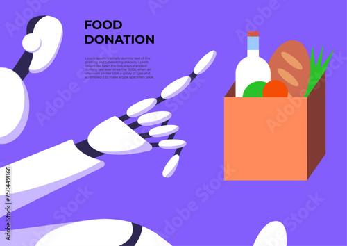 Bringing groceries to food bank. Robot bring donation box with food. Awareness and charity concept. Background, poster, banner, flyer. Flat vector illustration.