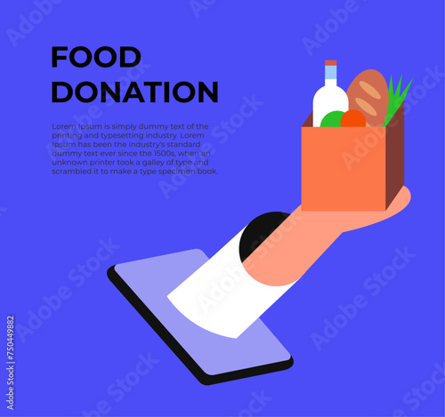 Bringing groceries to food bank online. Donation box with food. Awareness and charity app concept. Background, poster, banner, flyer. Flat vector illustration.
