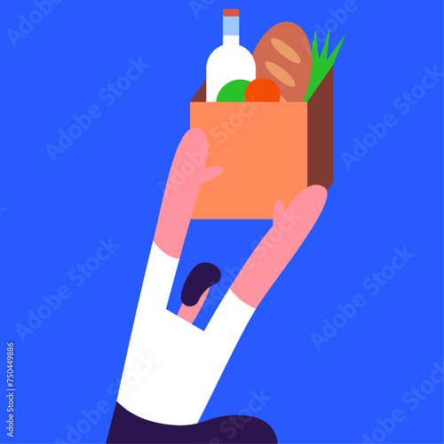 Bringing groceries to food bank. Volunteer Boy holding a donation box with food. Awareness and charity concept. Flat vector illustration.