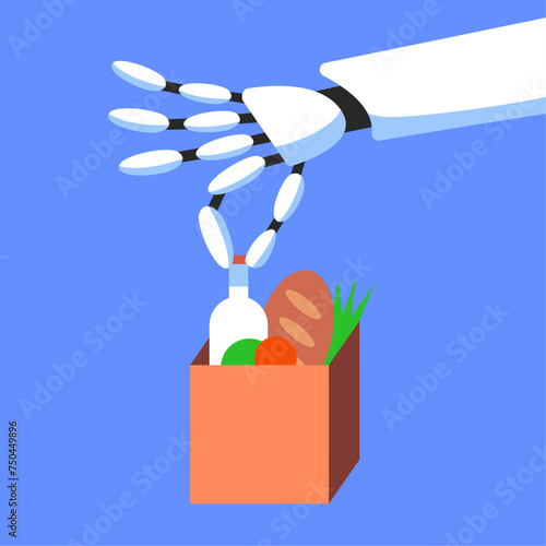 Bringing groceries to food bank. Robot arm holding a donation box with food. Awareness and charity concept. Background, poster, banner, flyer. Flat vector illustration.