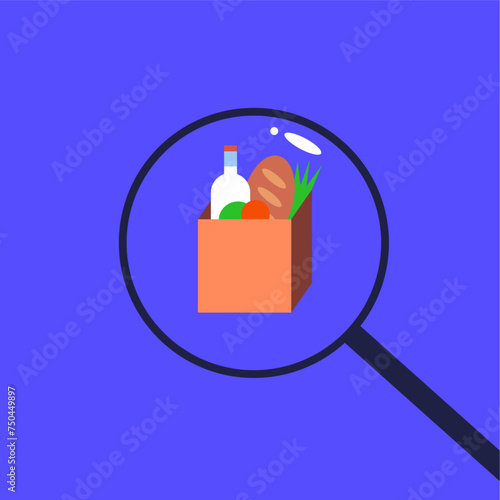 Bringing groceries to food bank. Donation box with food in magnifying glass. Awareness and charity concept. Background, poster, banner, flyer. Flat vector illustration.