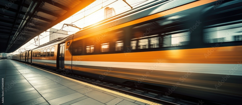 Vibrant Train Speeds Through Busy Railway Station as Passengers Await Arrival Vibrant Train Speeds Through Busy Railway Station as Passengers Await Arrival