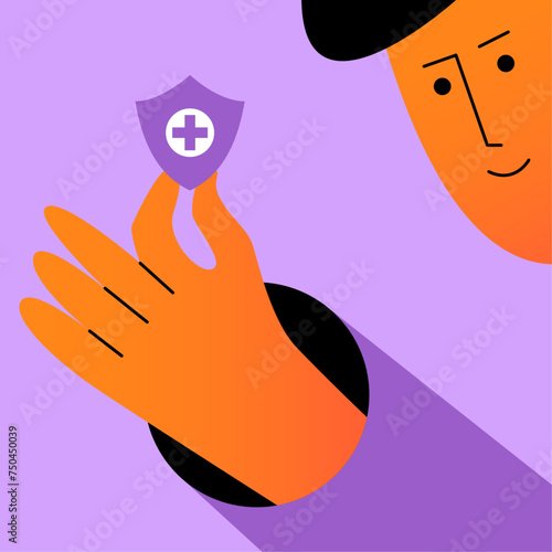 Medical insurance in boy hand. Protection concept. Healthcare. Flat vector illustration.